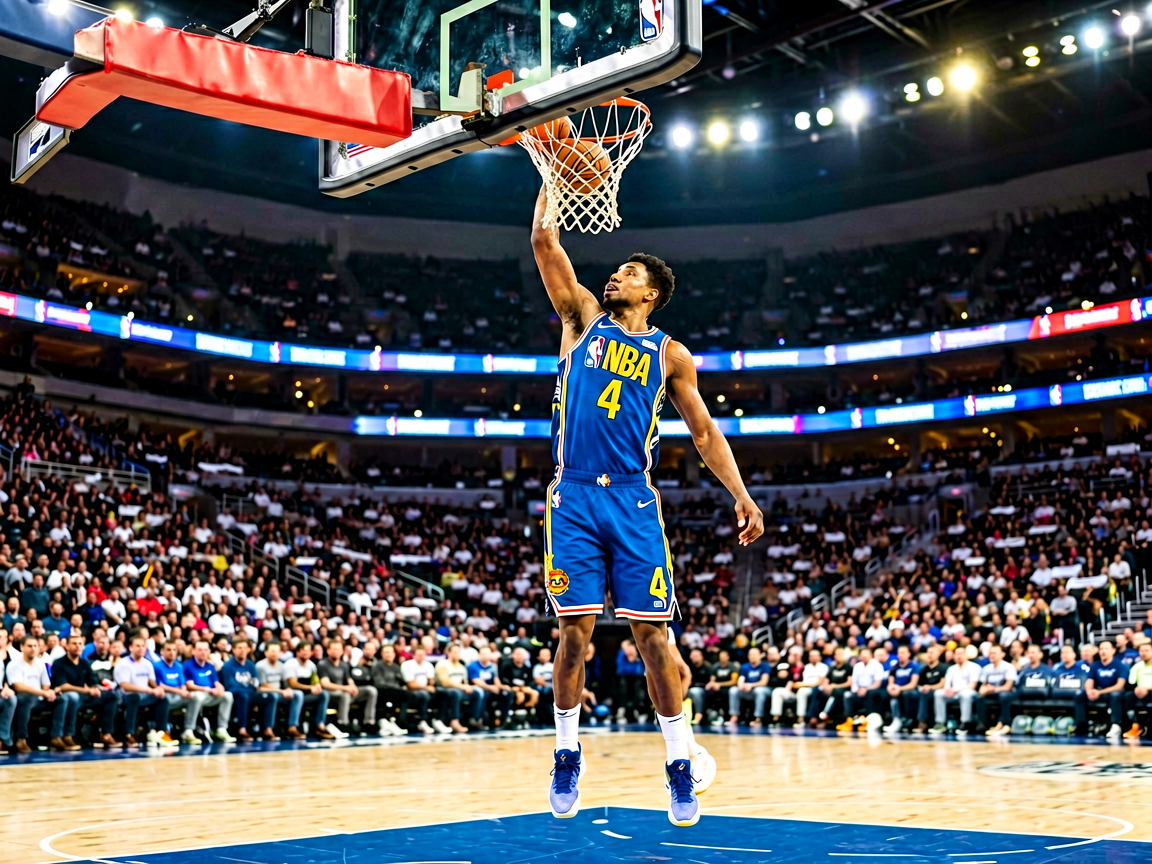 NBA篮球赛场，球员在灯光球场完成扣篮的精彩瞬间