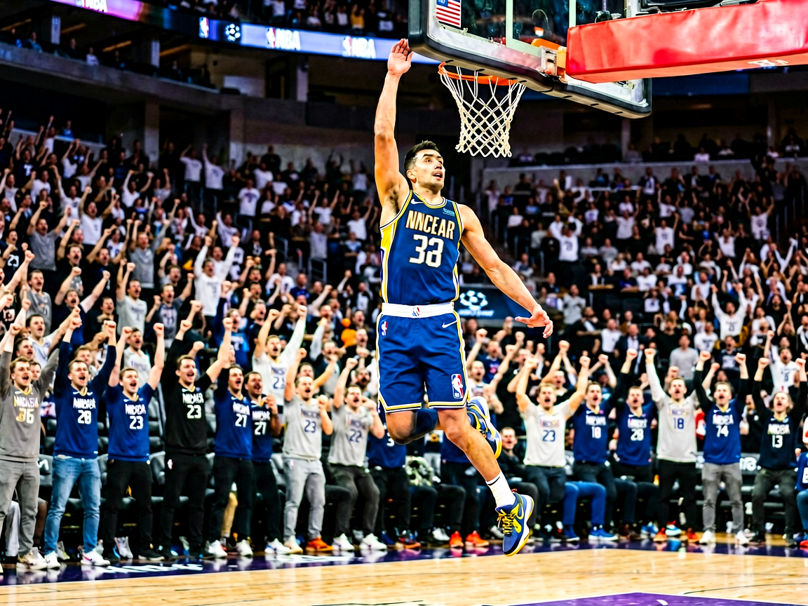 NBA球员在空中完成强力扣篮，全场观众起立欢呼的赛场画面