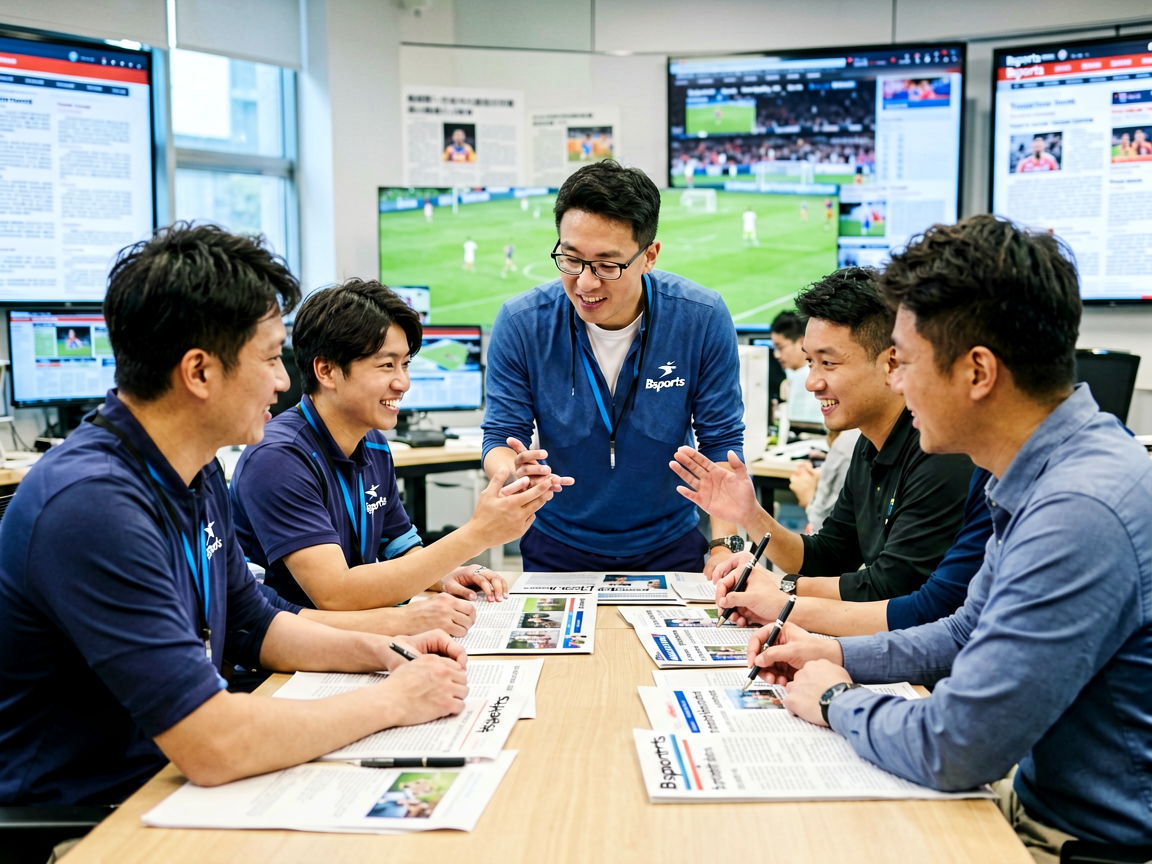 Bsports必一运动编辑团队在新闻编辑室中讨论体育报道选题与内容策划